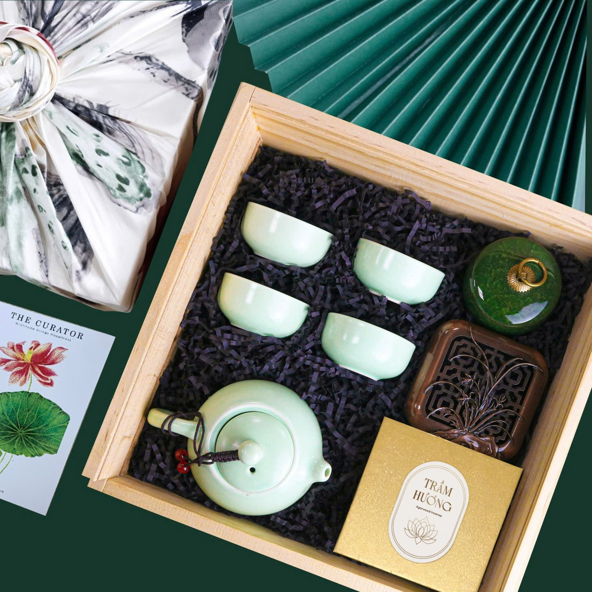 Bộ trà–trầm gốm, hộp gỗ TRẦM HƯƠNG — ảnh tham khảo từ nguồn bên ngoài