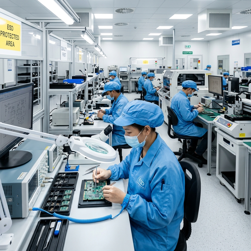 Công nhân mặc quần áo phòng sạch chống tĩnh điện làm việc